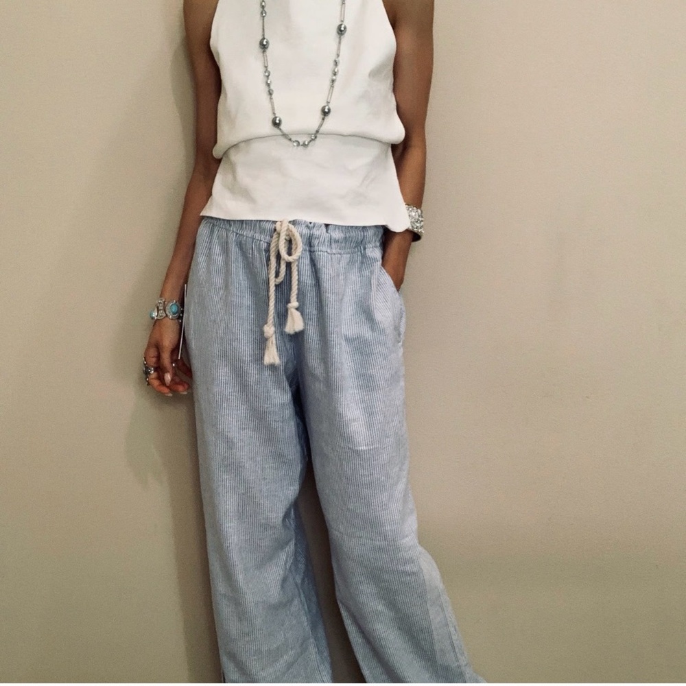 House of Harlow Blue and White Stripe Wide Leg Linen Blend Pants Sz M